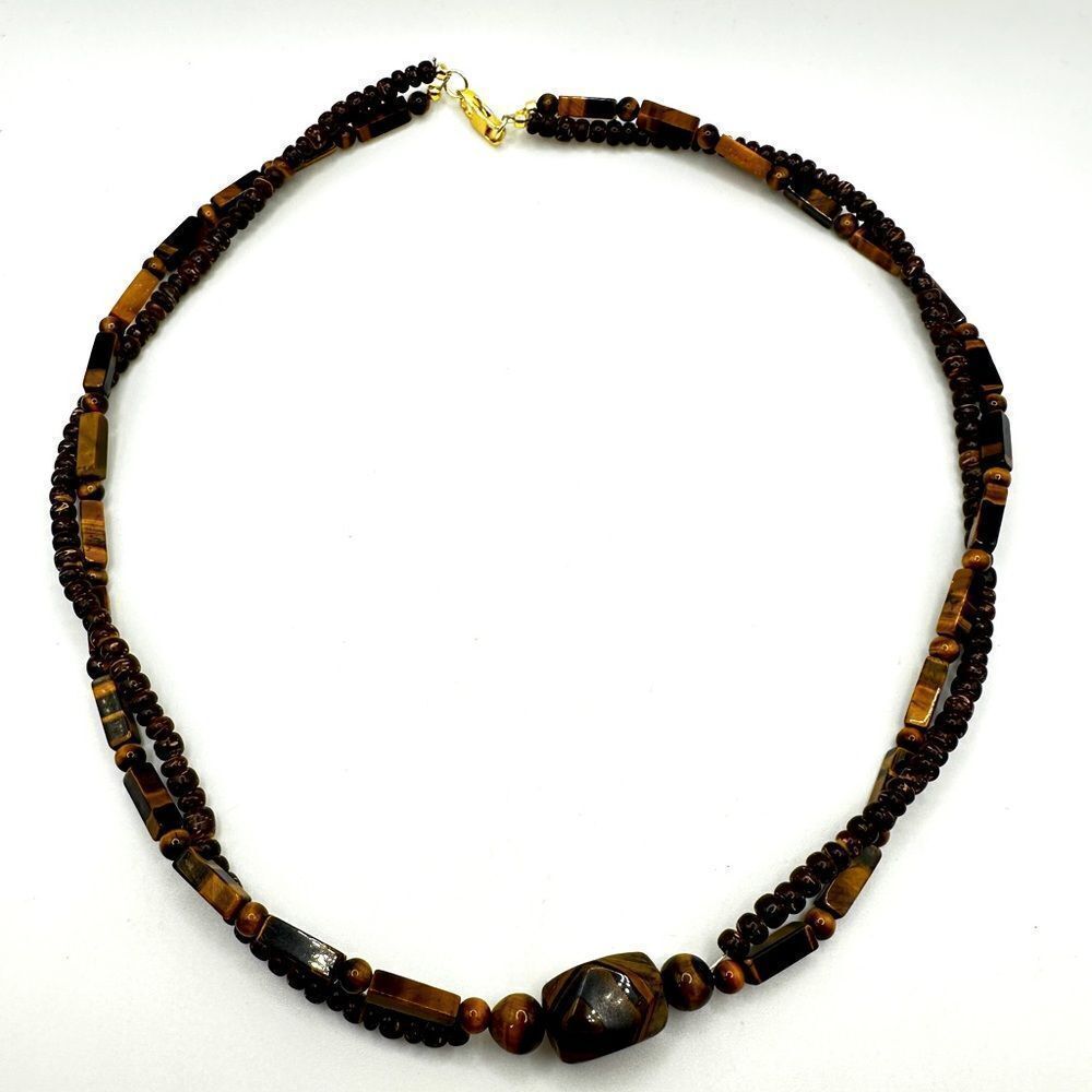 21" Revived Tigers Eye and wood beaded twisted necklace with gold tone hardware!